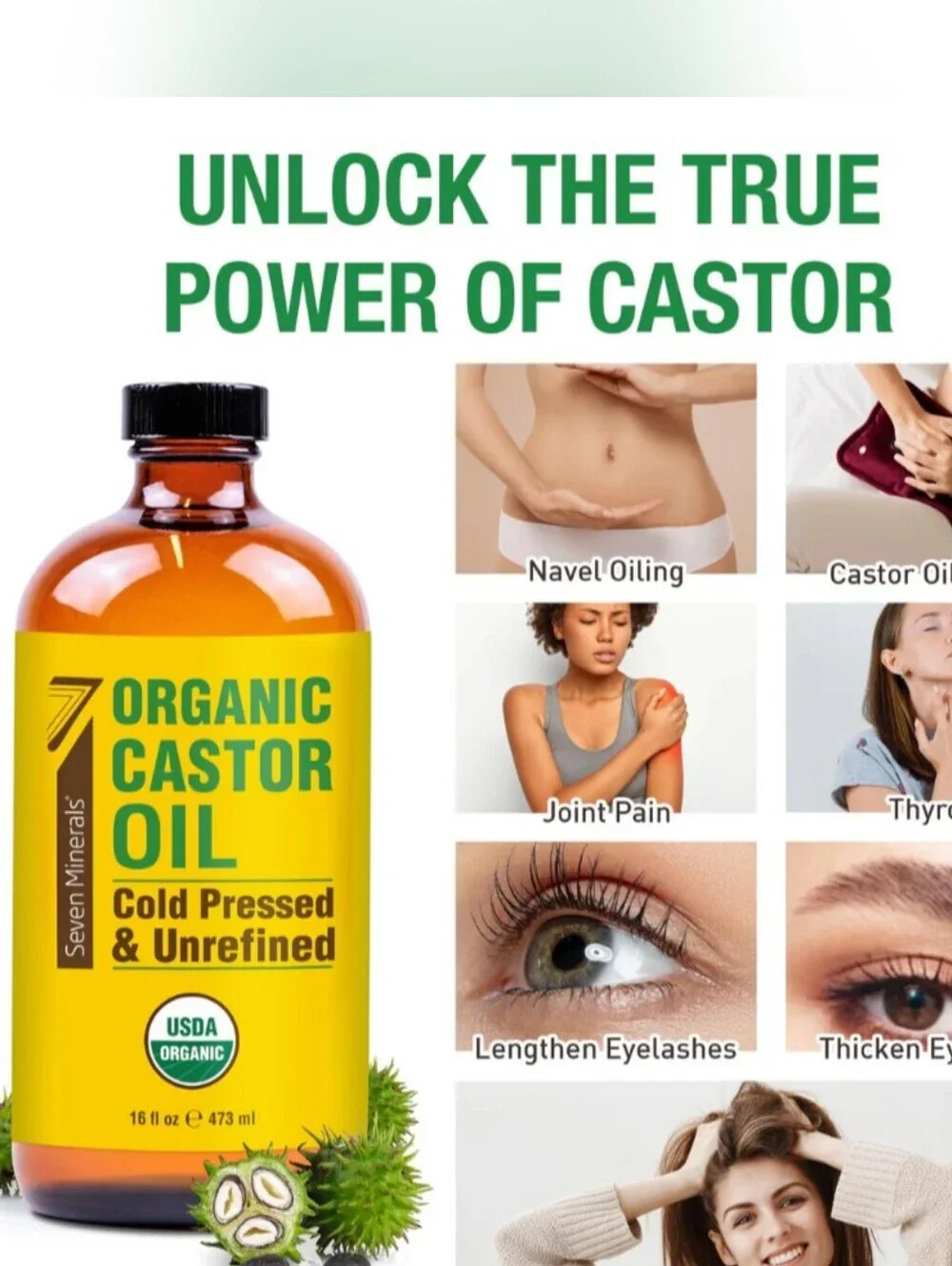 16oz Glass Bottle Castor Oil USDA Organic, Cold Pressed, Unrefined W/ Pump